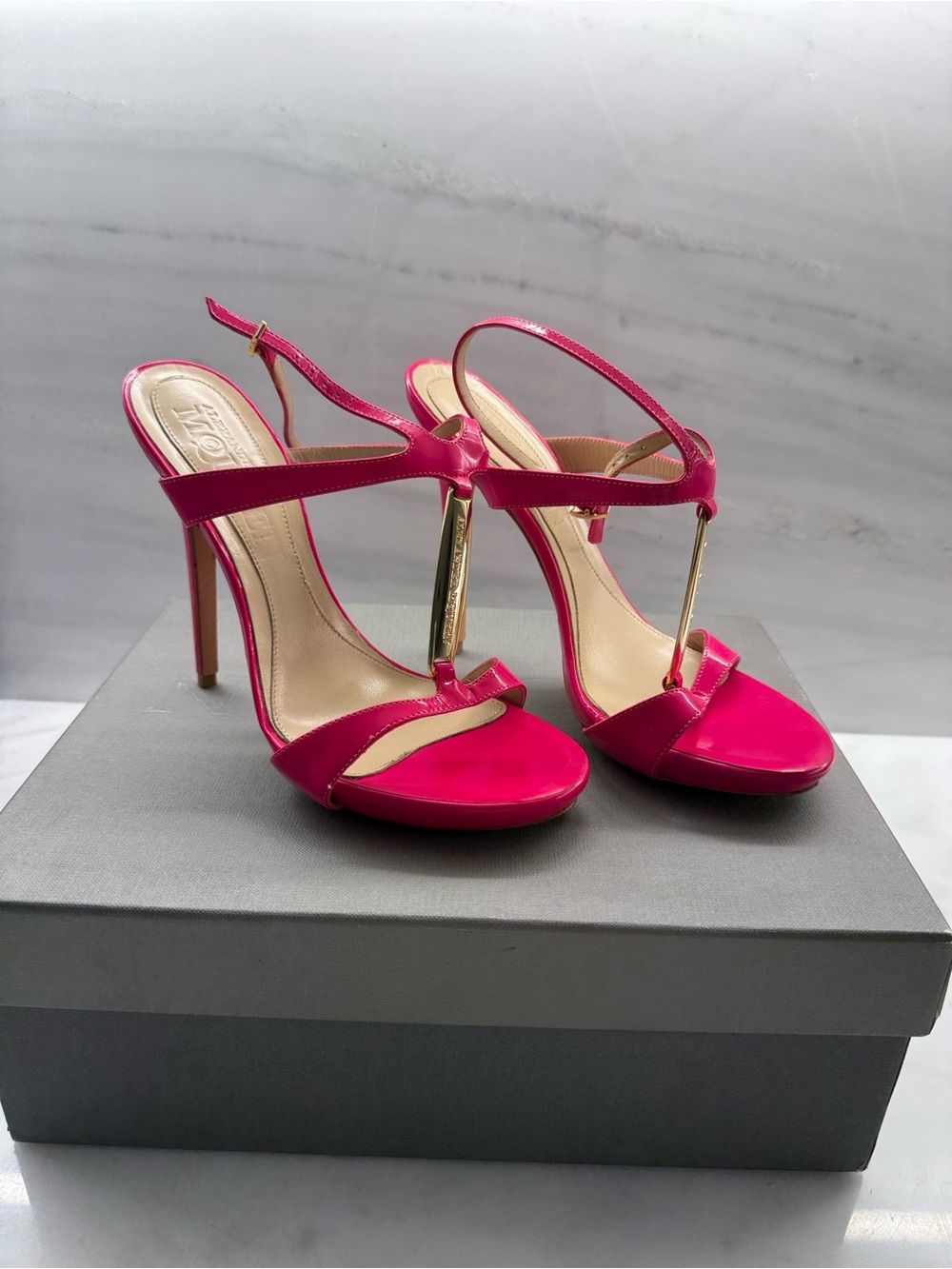 Alexander McQueen Patent Hot Pink T-Strap Stiletto Sandals